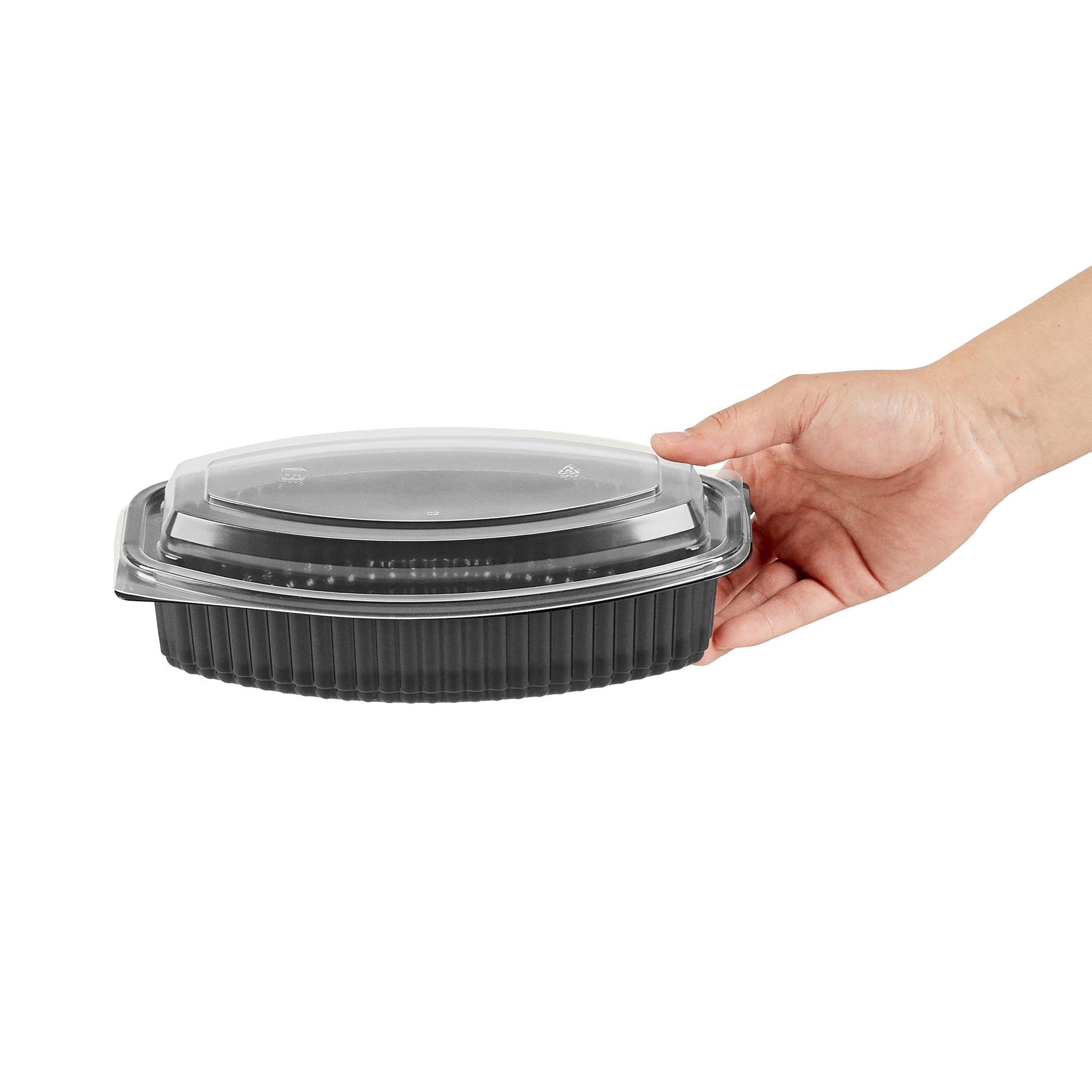Chef 101 28 oz Oval Black Plastic Food Container - with Clear Lid, Microwavable - 9 1/4" x 5 3/4" x 2 3/4" - 100 count box