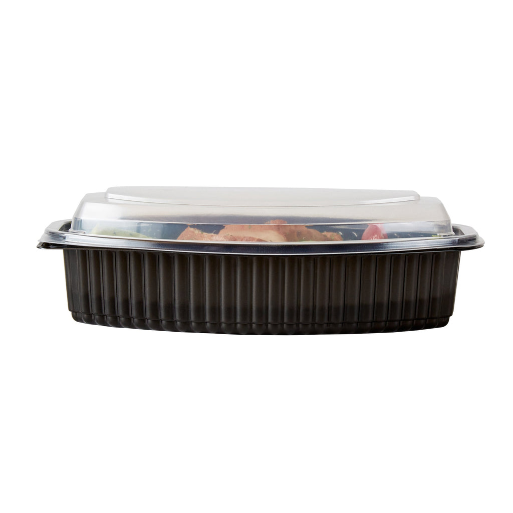 Chef 101 28 oz Oval Black Plastic Food Container - with Clear Lid, Microwavable - 9 1/4" x 5 3/4" x 2 3/4" - 100 count box