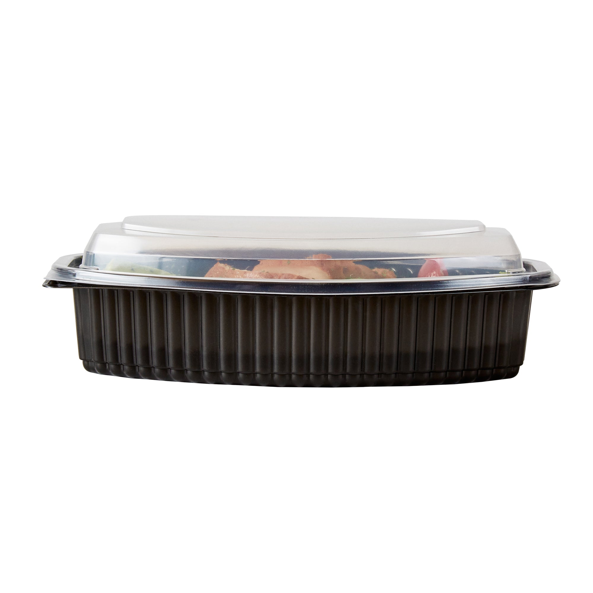 Chef 101 28 oz Oval Black Plastic Food Container - with Clear Lid, Microwavable - 9 1/4" x 5 3/4" x 2 3/4" - 100 count box