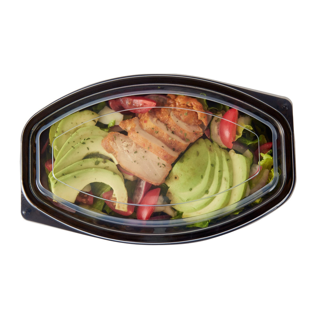 Chef 101 28 oz Oval Black Plastic Food Container - with Clear Lid, Microwavable - 9 1/4" x 5 3/4" x 2 3/4" - 100 count box