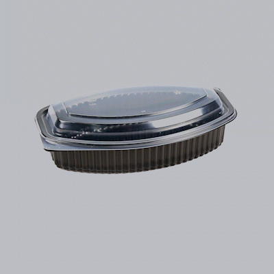 Chef 101 28 oz Oval Black Plastic Food Container - with Clear Lid, Microwavable - 9 1/4" x 5 3/4" x 2 3/4" - 100 count box