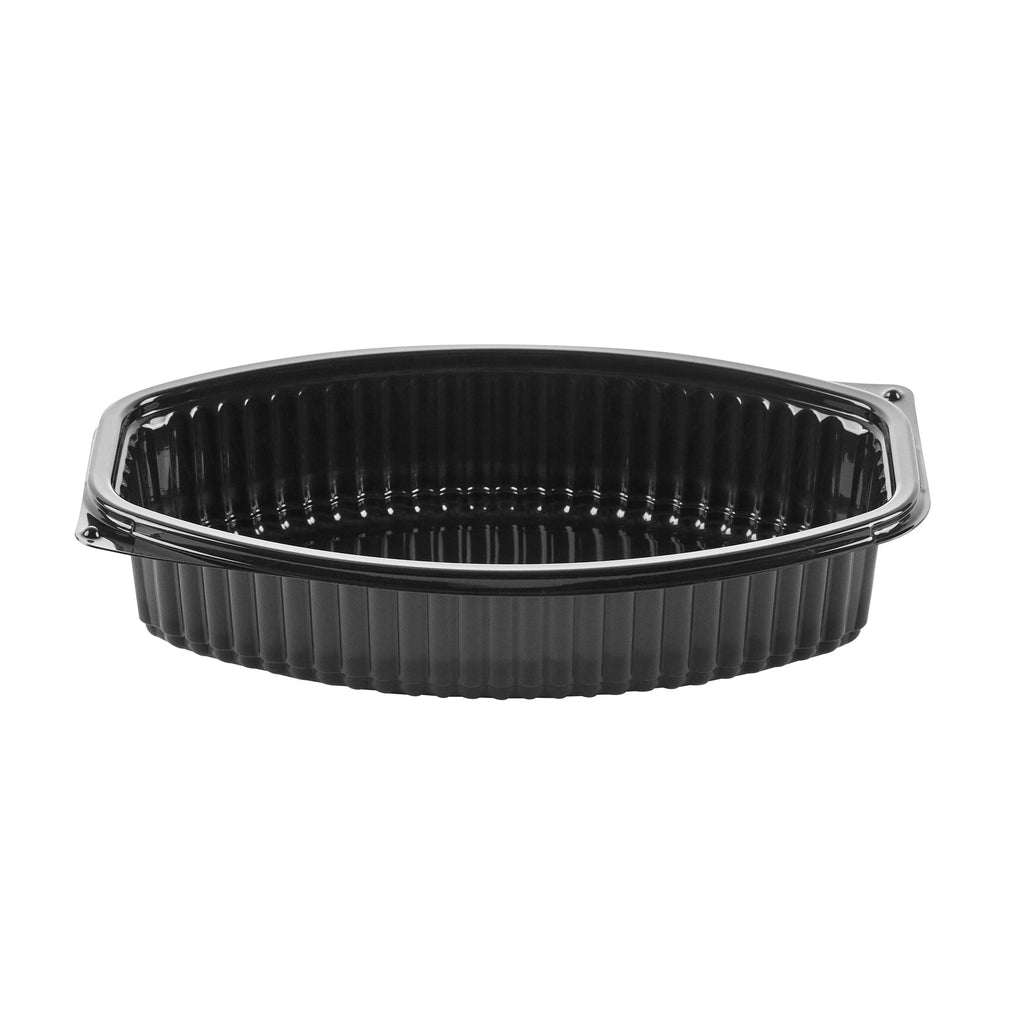 Chef 101 28 oz Oval Black Plastic Food Container - with Clear Lid, Microwavable - 9 1/4" x 5 3/4" x 2 3/4" - 100 count box