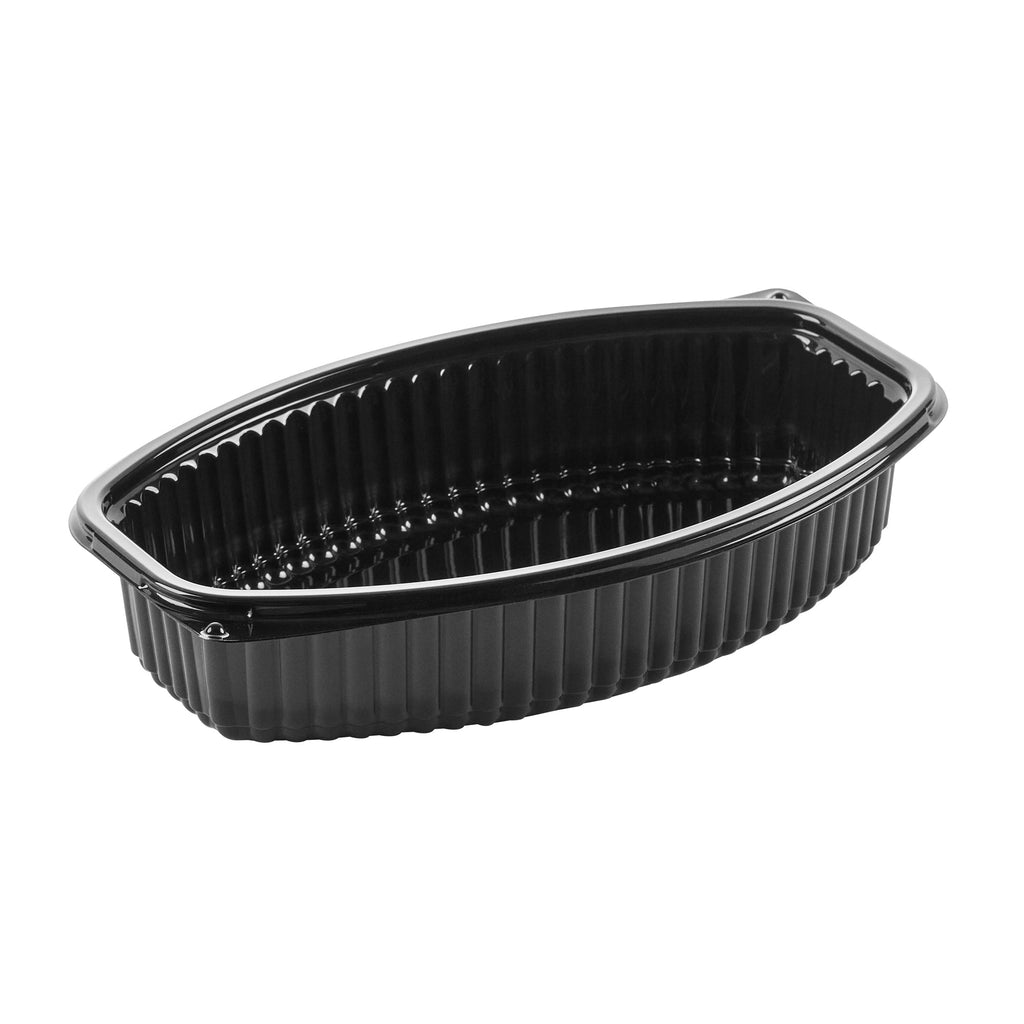 Chef 101 28 oz Oval Black Plastic Food Container - with Clear Lid, Microwavable - 9 1/4" x 5 3/4" x 2 3/4" - 100 count box