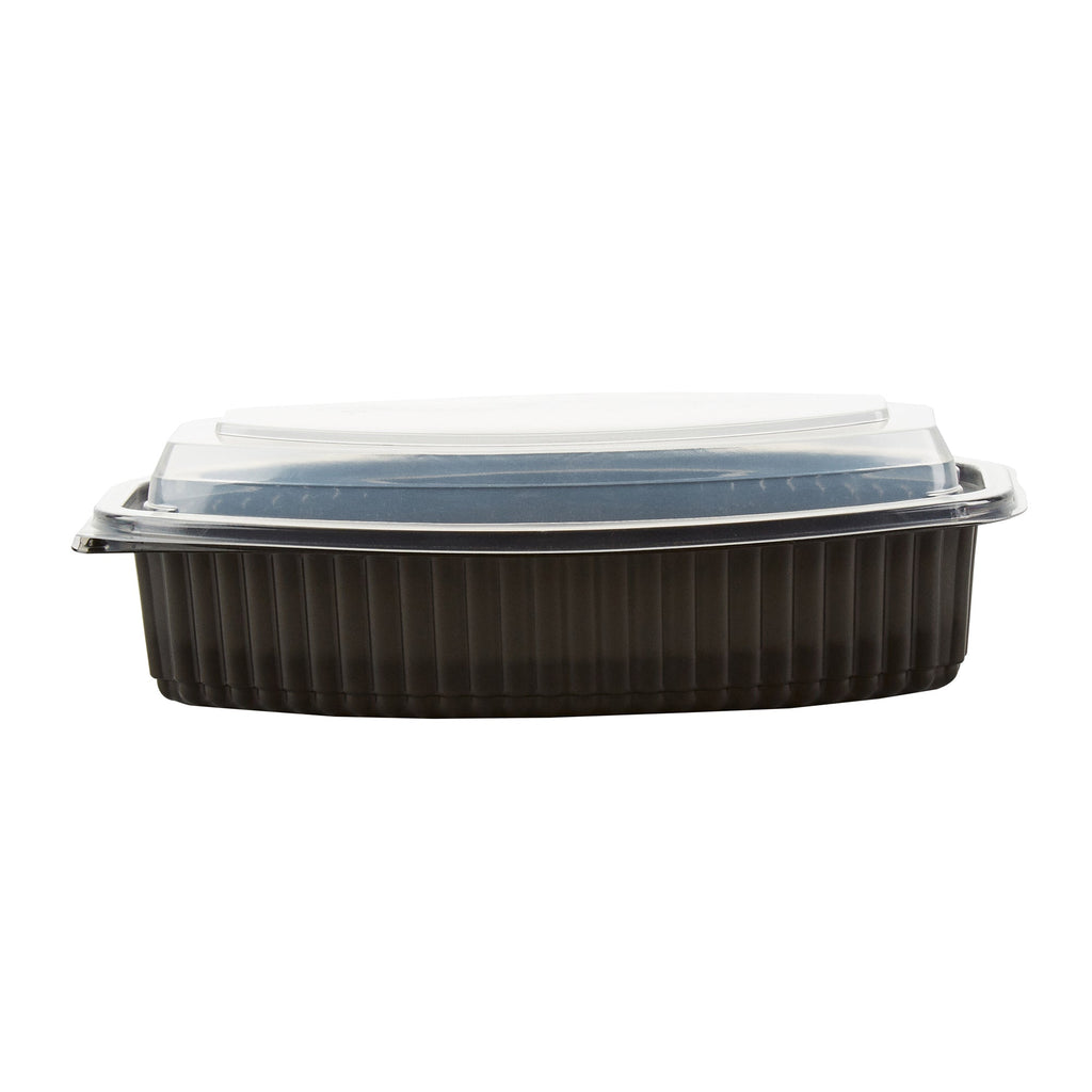 Chef 101 28 oz Oval Black Plastic Food Container - with Clear Lid, Microwavable - 9 1/4" x 5 3/4" x 2 3/4" - 100 count box