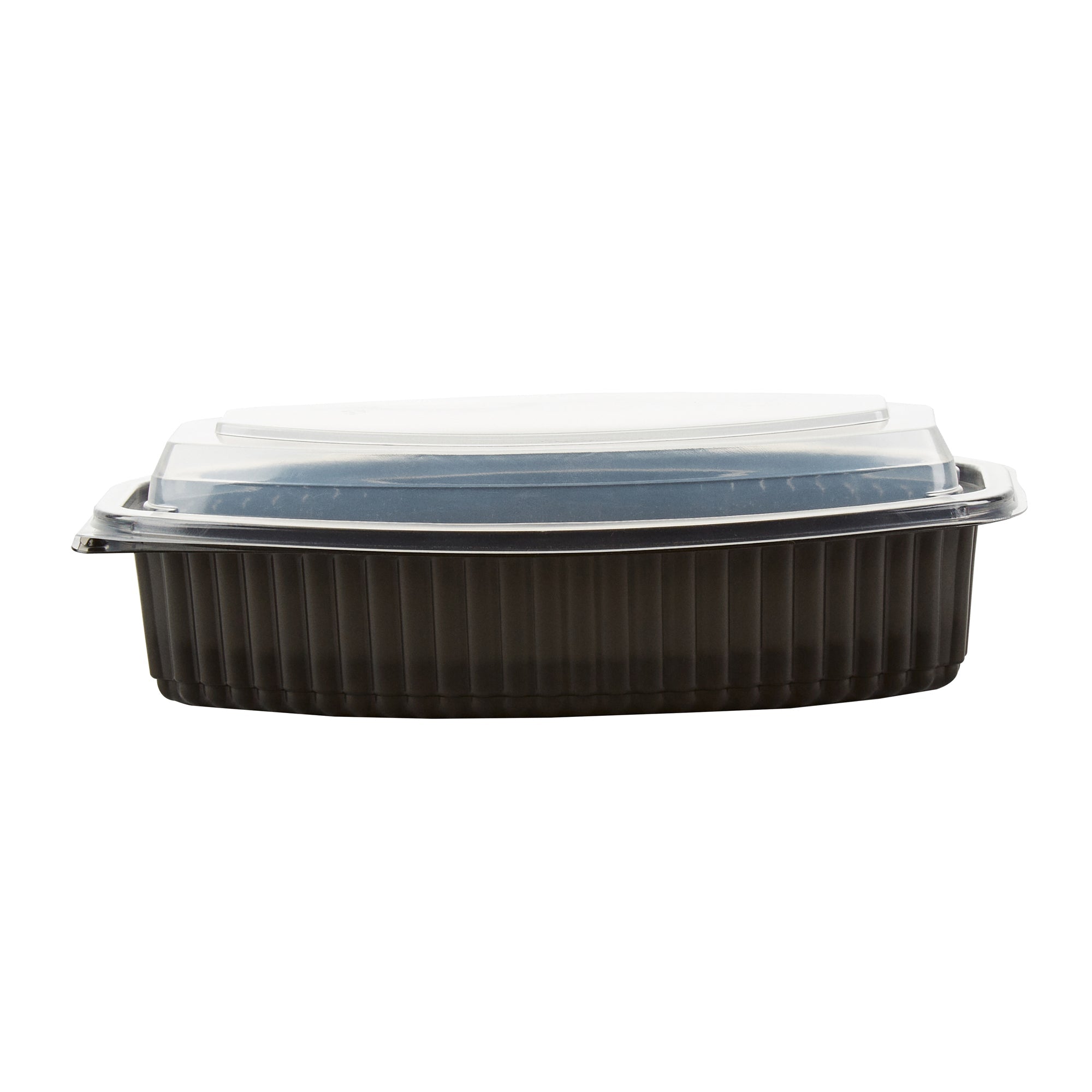 Chef 101 28 oz Oval Black Plastic Food Container - with Clear Lid, Microwavable - 9 1/4" x 5 3/4" x 2 3/4" - 100 count box
