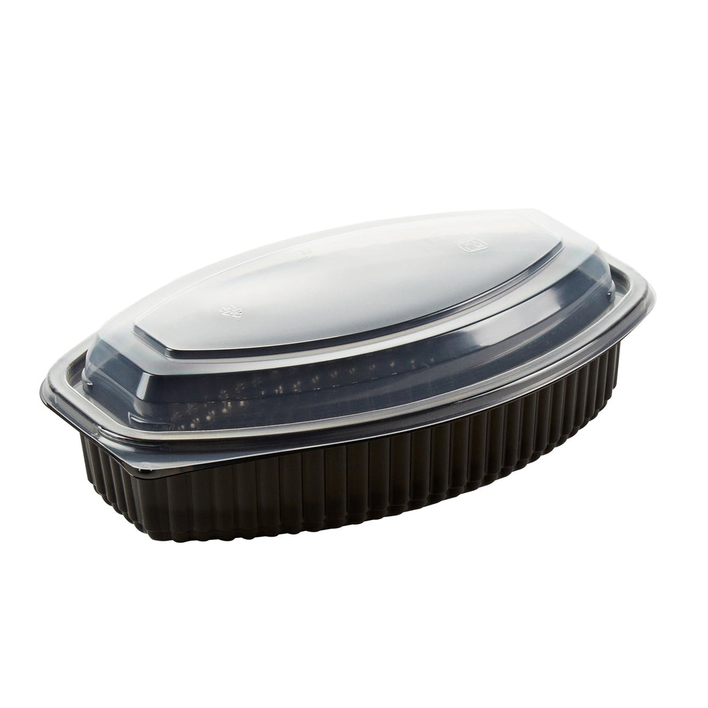 Chef 101 28 oz Oval Black Plastic Food Container - with Clear Lid, Microwavable - 9 1/4" x 5 3/4" x 2 3/4" - 100 count box