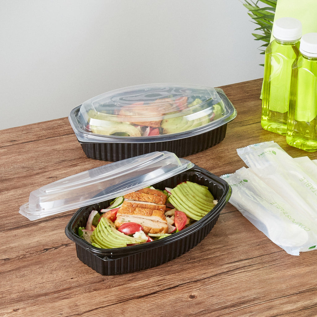 Chef 101 28 oz Oval Black Plastic Food Container - with Clear Lid, Microwavable - 9 1/4" x 5 3/4" x 2 3/4" - 100 count box
