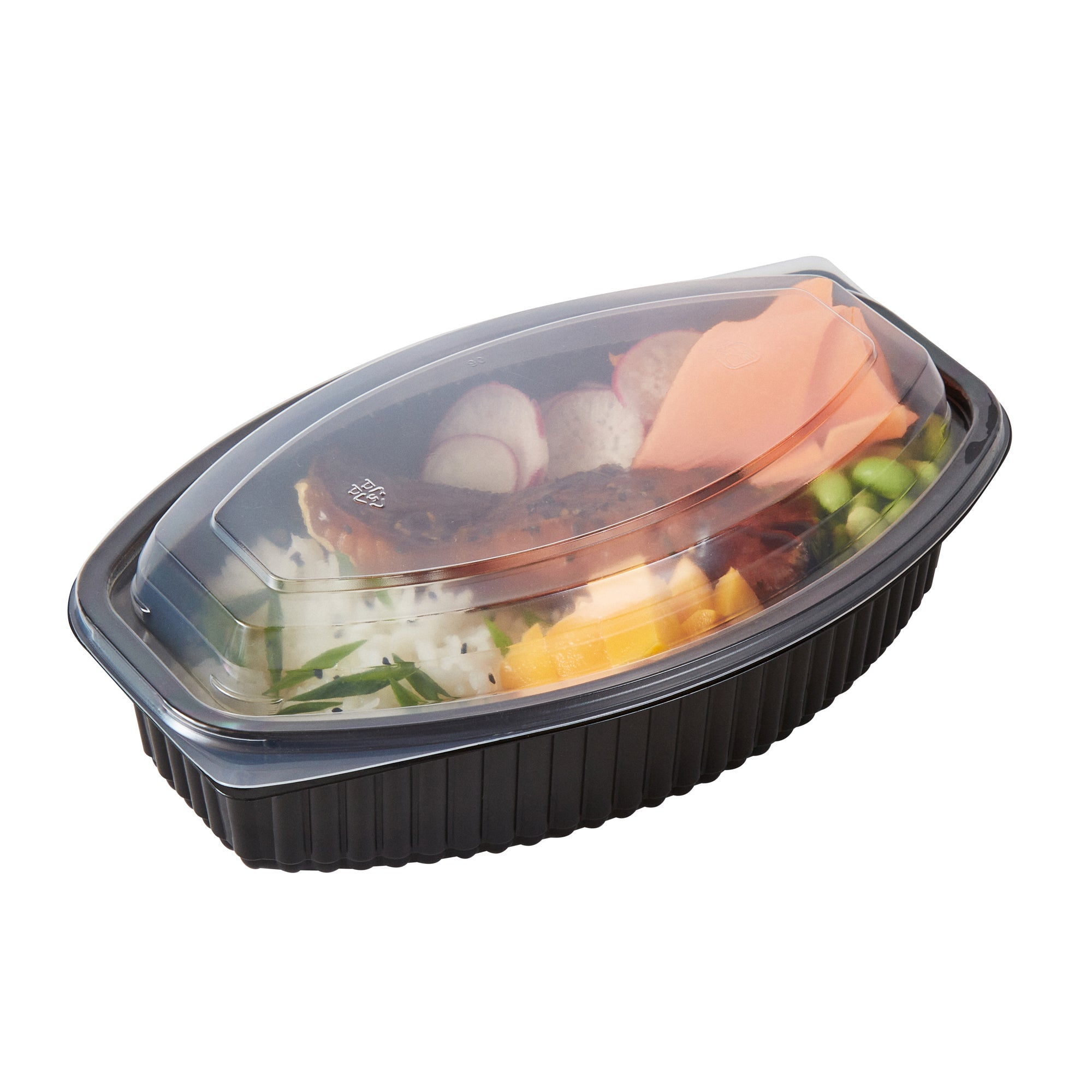 Chef 101 32 oz Oval Black Plastic Food Container - with Clear Lid, Microwavable - 9 1/4" x 5 3/4" x 3" - 50 count box