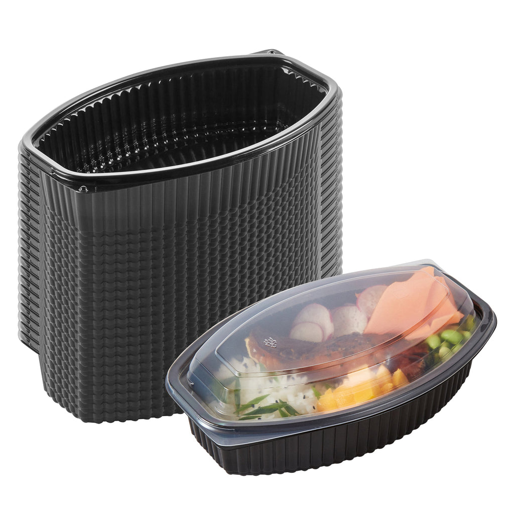 Chef 101 32 oz Oval Black Plastic Food Container - with Clear Lid, Microwavable - 9 1/4" x 5 3/4" x 3" - 50 count box