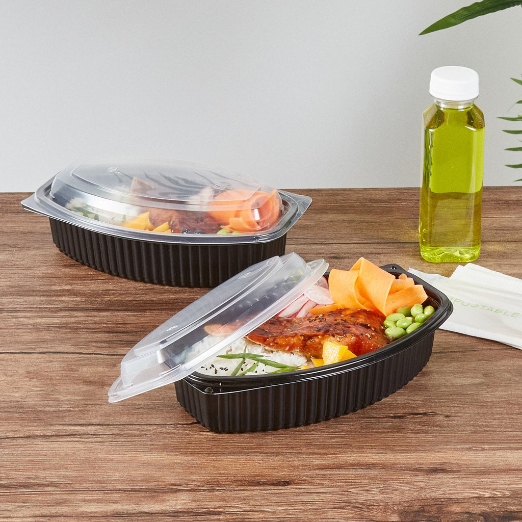 Chef 101 32 oz Oval Black Plastic Food Container - with Clear Lid, Microwavable - 9 1/4" x 5 3/4" x 3" - 50 count box