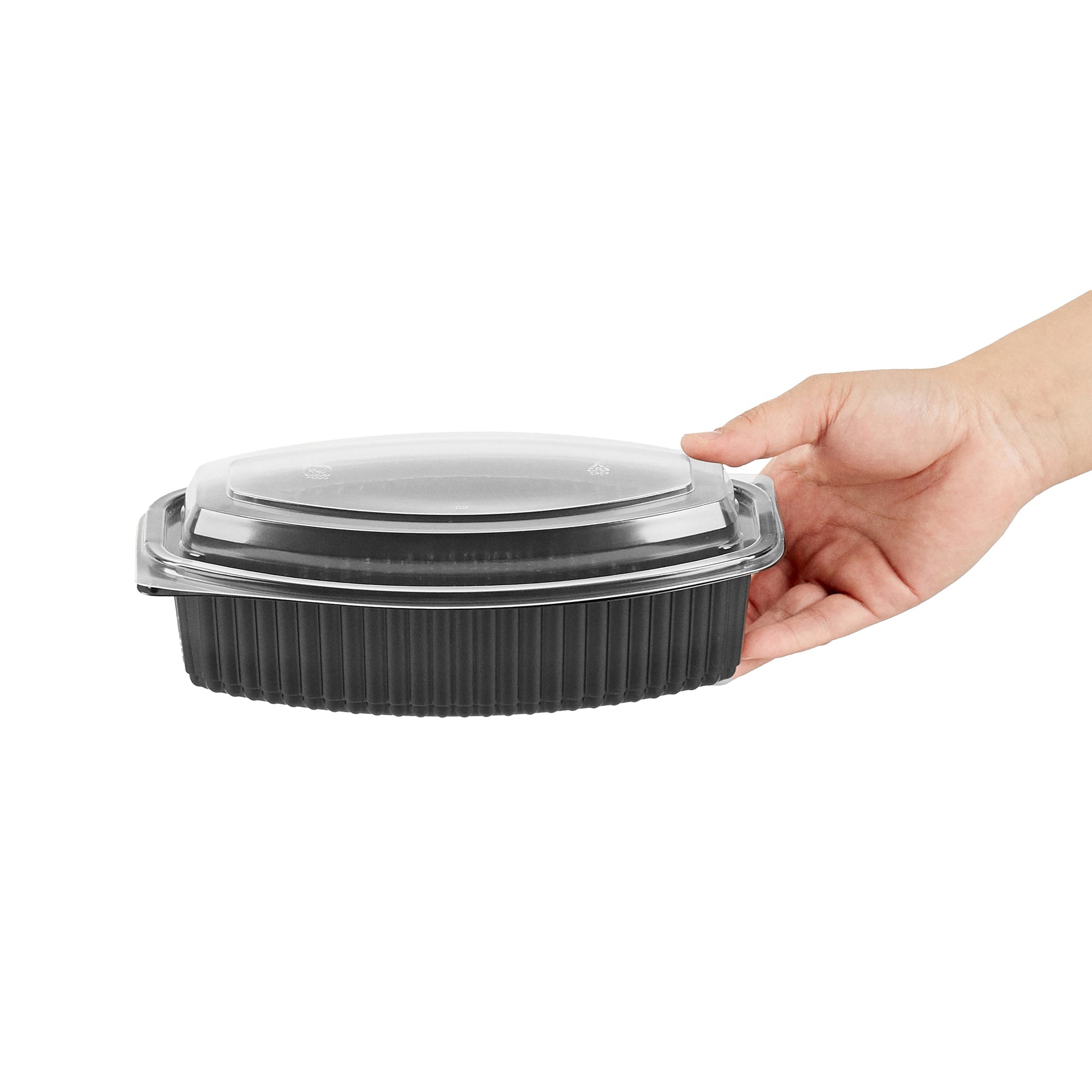 Chef 101 32 oz Oval Black Plastic Food Container - with Clear Lid, Microwavable - 9 1/4" x 5 3/4" x 3" - 50 count box