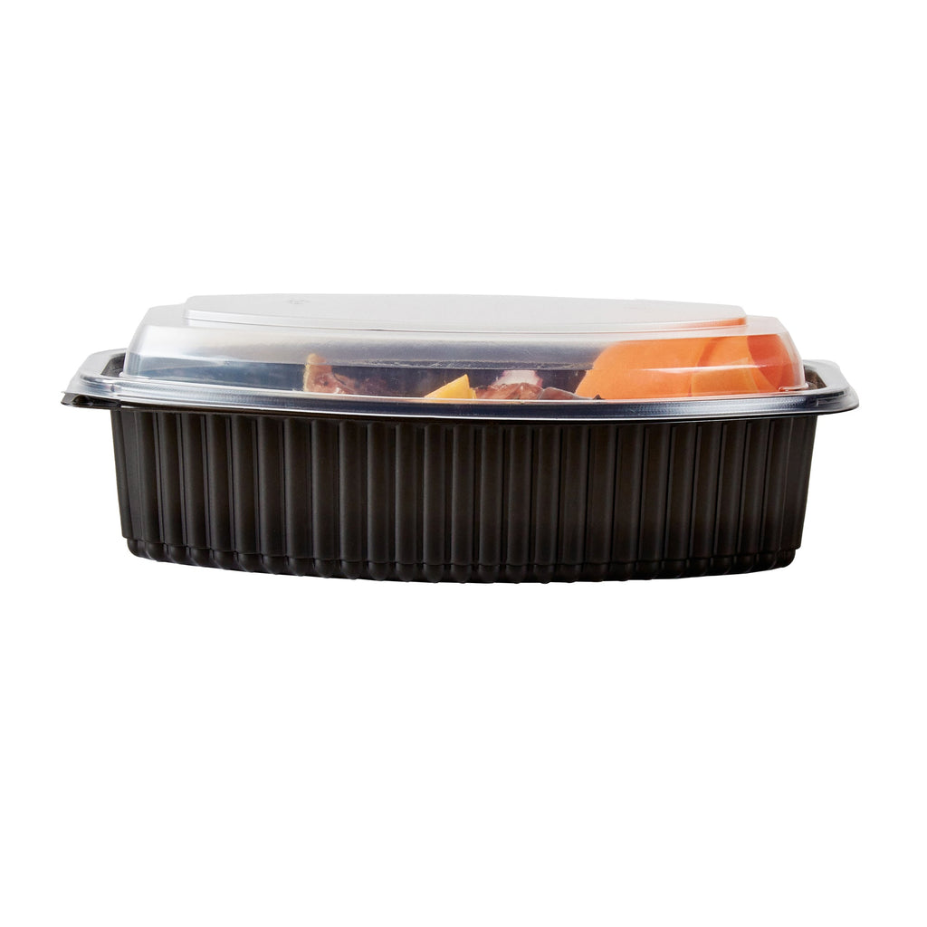 Chef 101 32 oz Oval Black Plastic Food Container - with Clear Lid, Microwavable - 9 1/4" x 5 3/4" x 3" - 50 count box