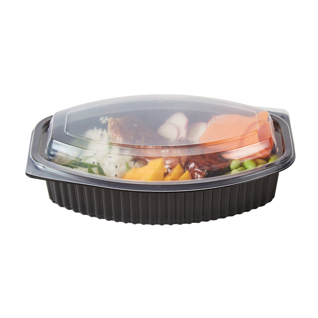 Chef 101 32 oz Oval Black Plastic Food Container - with Clear Lid, Microwavable - 9 1/4" x 5 3/4" x 3" - 50 count box