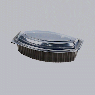 Chef 101 32 oz Oval Black Plastic Food Container - with Clear Lid, Microwavable - 9 1/4" x 5 3/4" x 3" - 50 count box