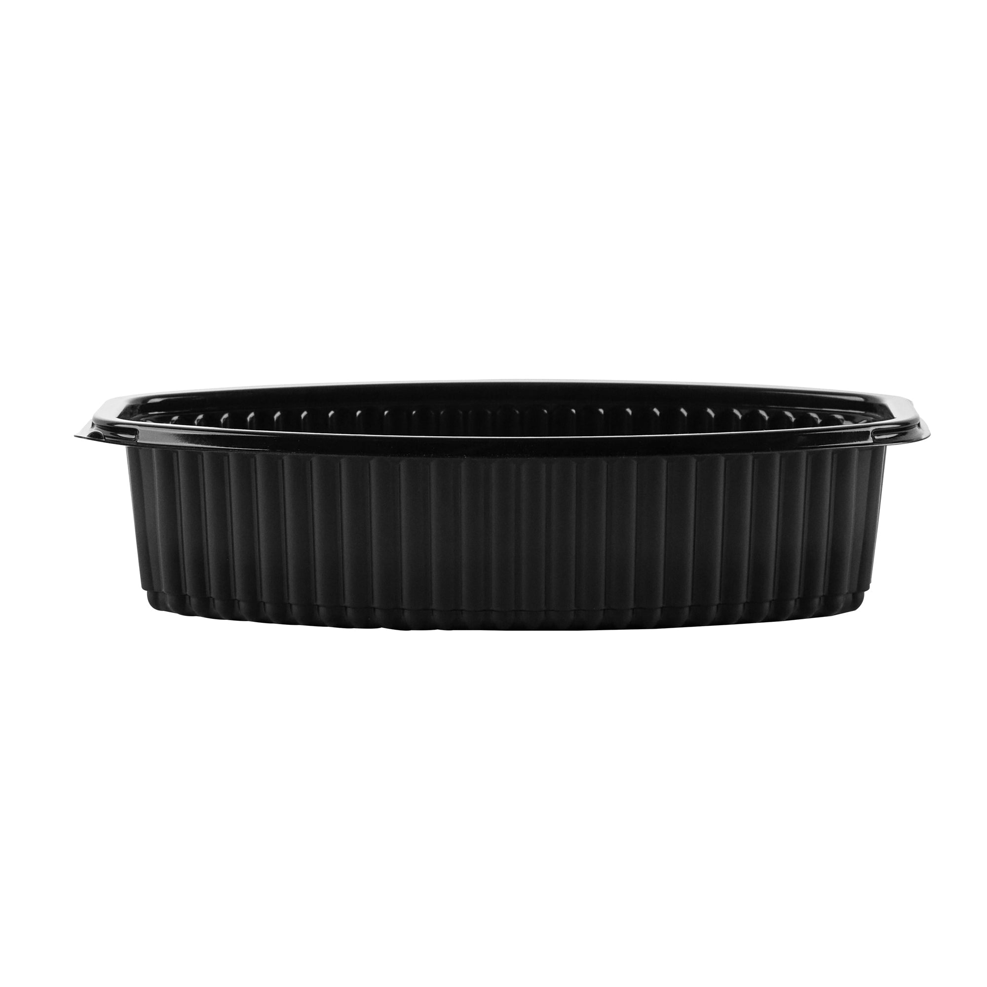 Chef 101 32 oz Oval Black Plastic Food Container - with Clear Lid, Microwavable - 9 1/4" x 5 3/4" x 3" - 50 count box