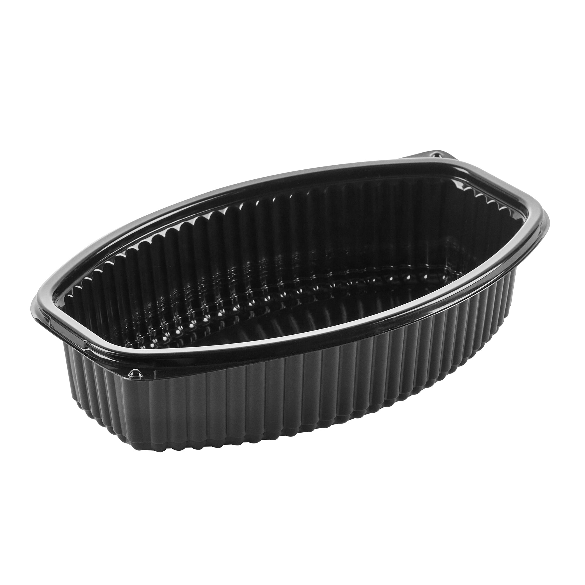Chef 101 32 oz Oval Black Plastic Food Container - with Clear Lid, Microwavable - 9 1/4" x 5 3/4" x 3" - 50 count box