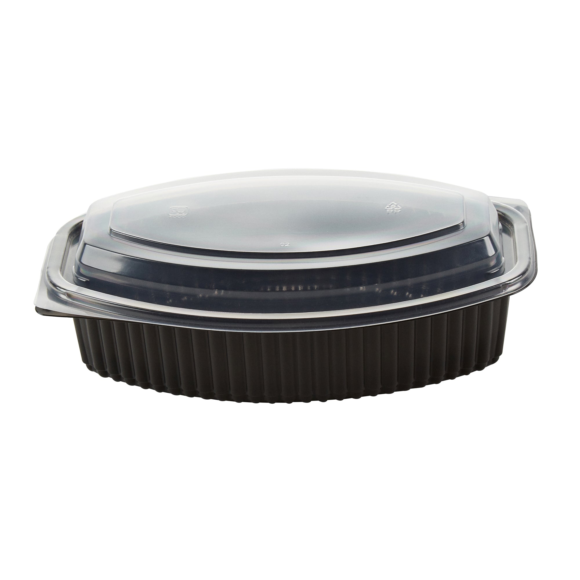 Chef 101 32 oz Oval Black Plastic Food Container - with Clear Lid, Microwavable - 9 1/4" x 5 3/4" x 3" - 50 count box