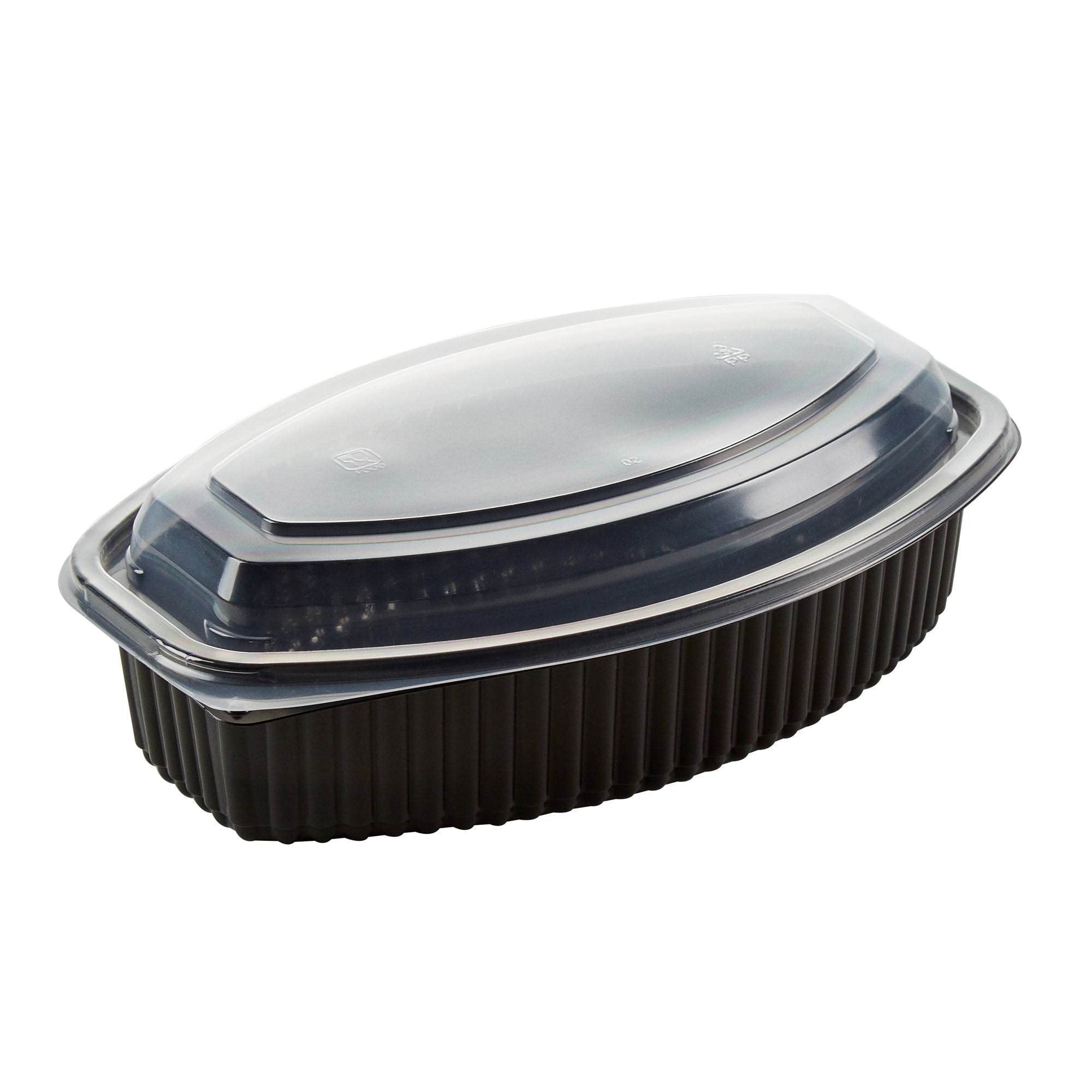 Chef 101 32 oz Oval Black Plastic Food Container - with Clear Lid, Microwavable - 9 1/4" x 5 3/4" x 3" - 50 count box