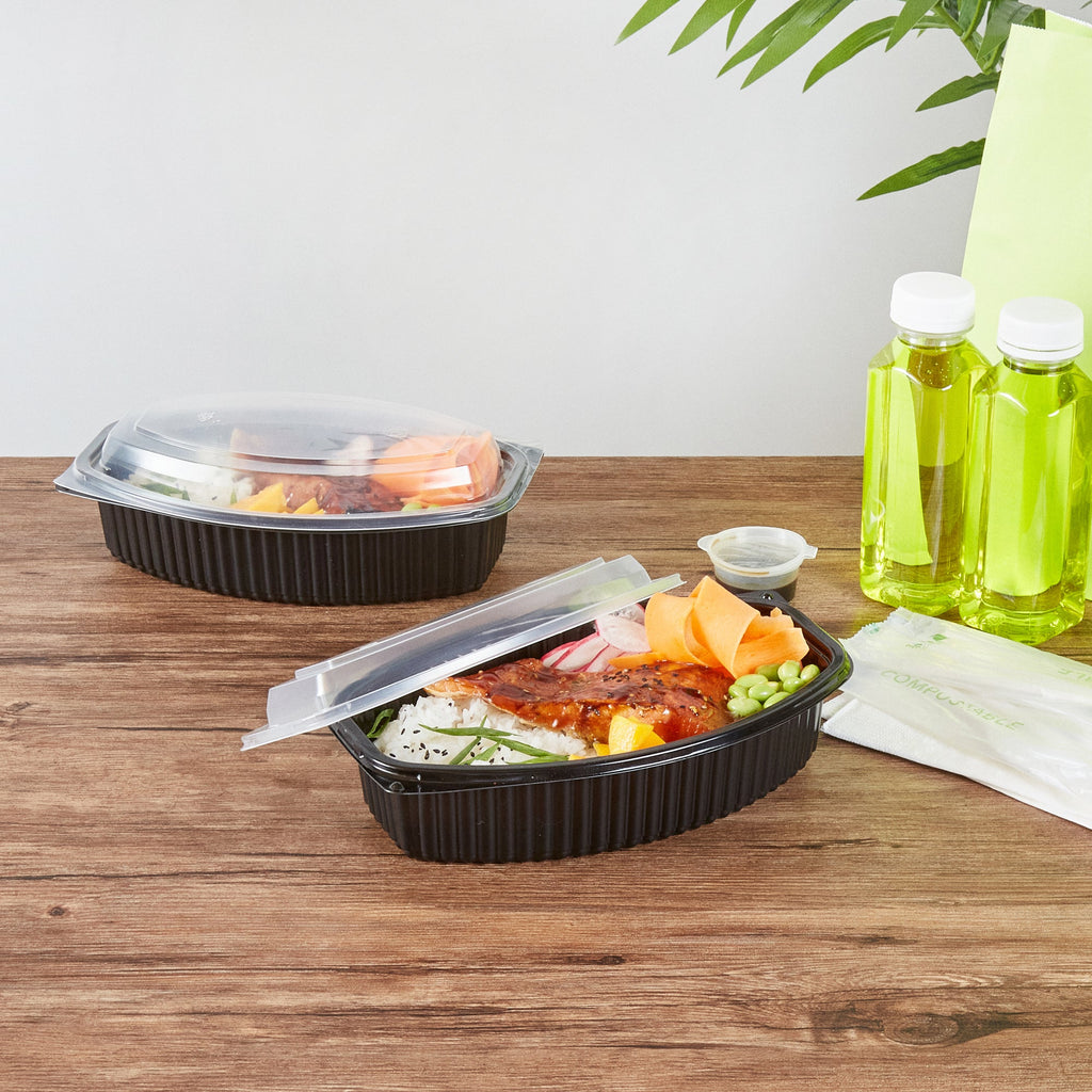 Chef 101 32 oz Oval Black Plastic Food Container - with Clear Lid, Microwavable - 9 1/4" x 5 3/4" x 3" - 50 count box