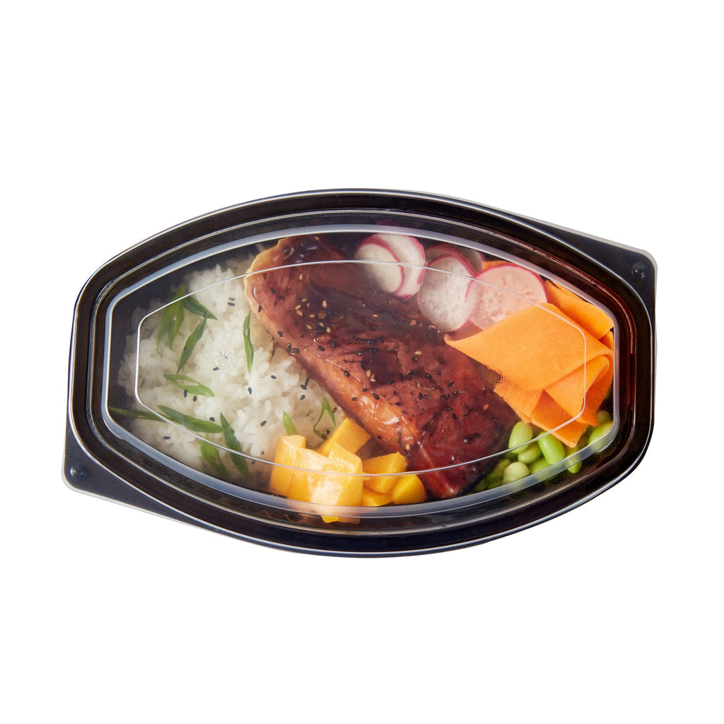 Chef 101 32 oz Oval Black Plastic Food Container - with Clear Lid, Microwavable - 9 1/4" x 5 3/4" x 3" - 100 count box
