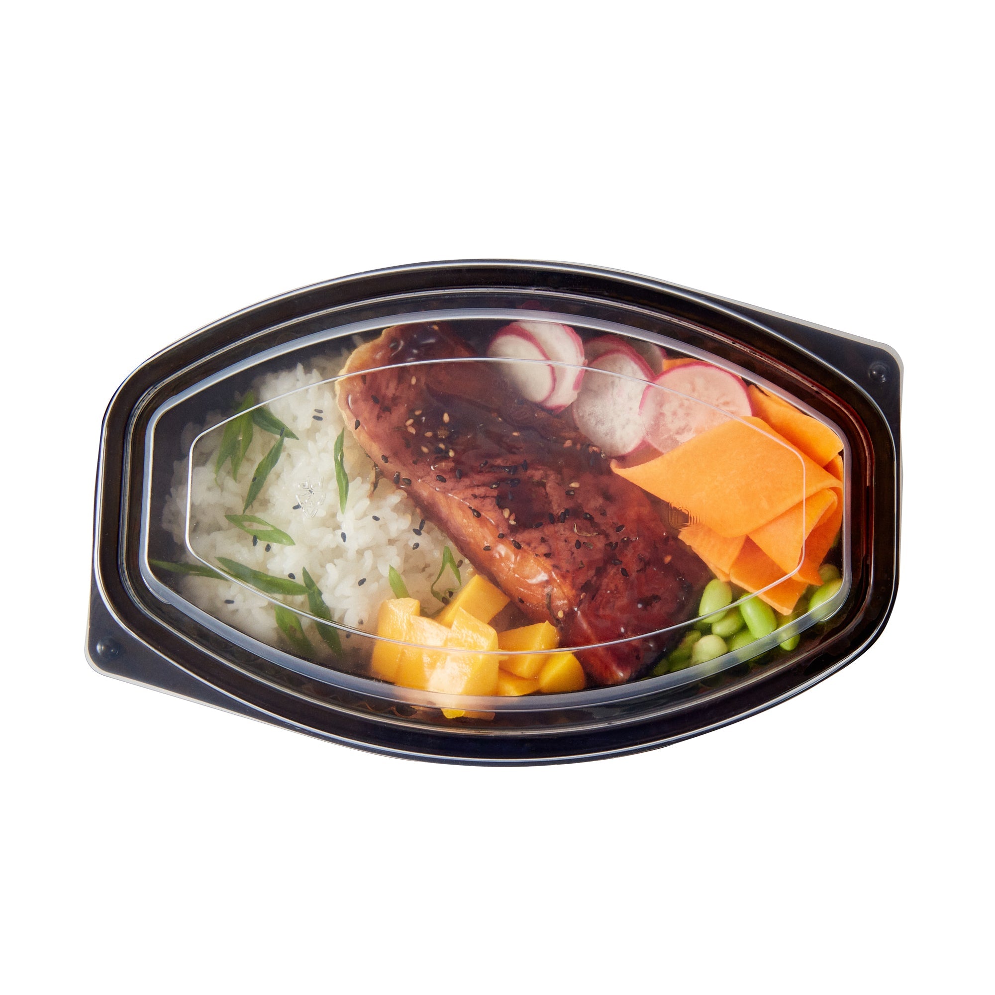 Chef 101 32 oz Oval Black Plastic Food Container - with Clear Lid, Microwavable - 9 1/4" x 5 3/4" x 3" - 100 count box