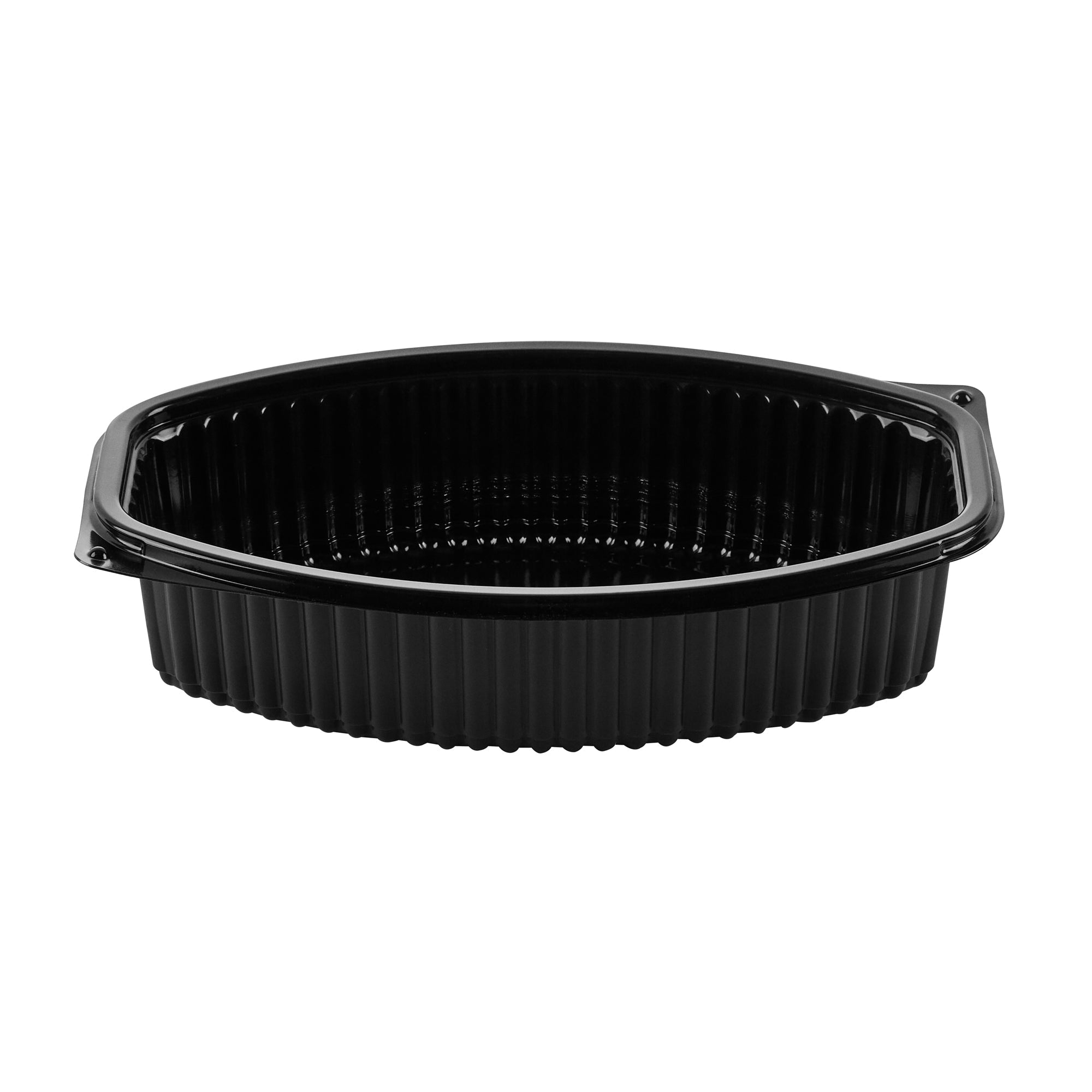Chef 101 32 oz Oval Black Plastic Food Container - with Clear Lid, Microwavable - 9 1/4" x 5 3/4" x 3" - 100 count box