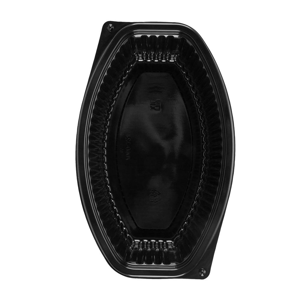 Chef 101 32 oz Oval Black Plastic Food Container - with Clear Lid, Microwavable - 9 1/4" x 5 3/4" x 3" - 100 count box