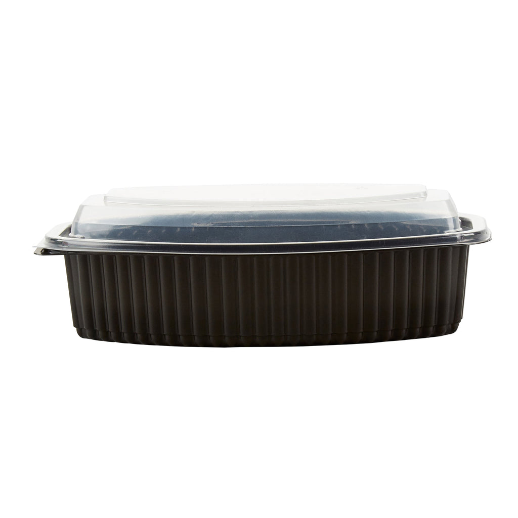 Chef 101 32 oz Oval Black Plastic Food Container - with Clear Lid, Microwavable - 9 1/4" x 5 3/4" x 3" - 100 count box