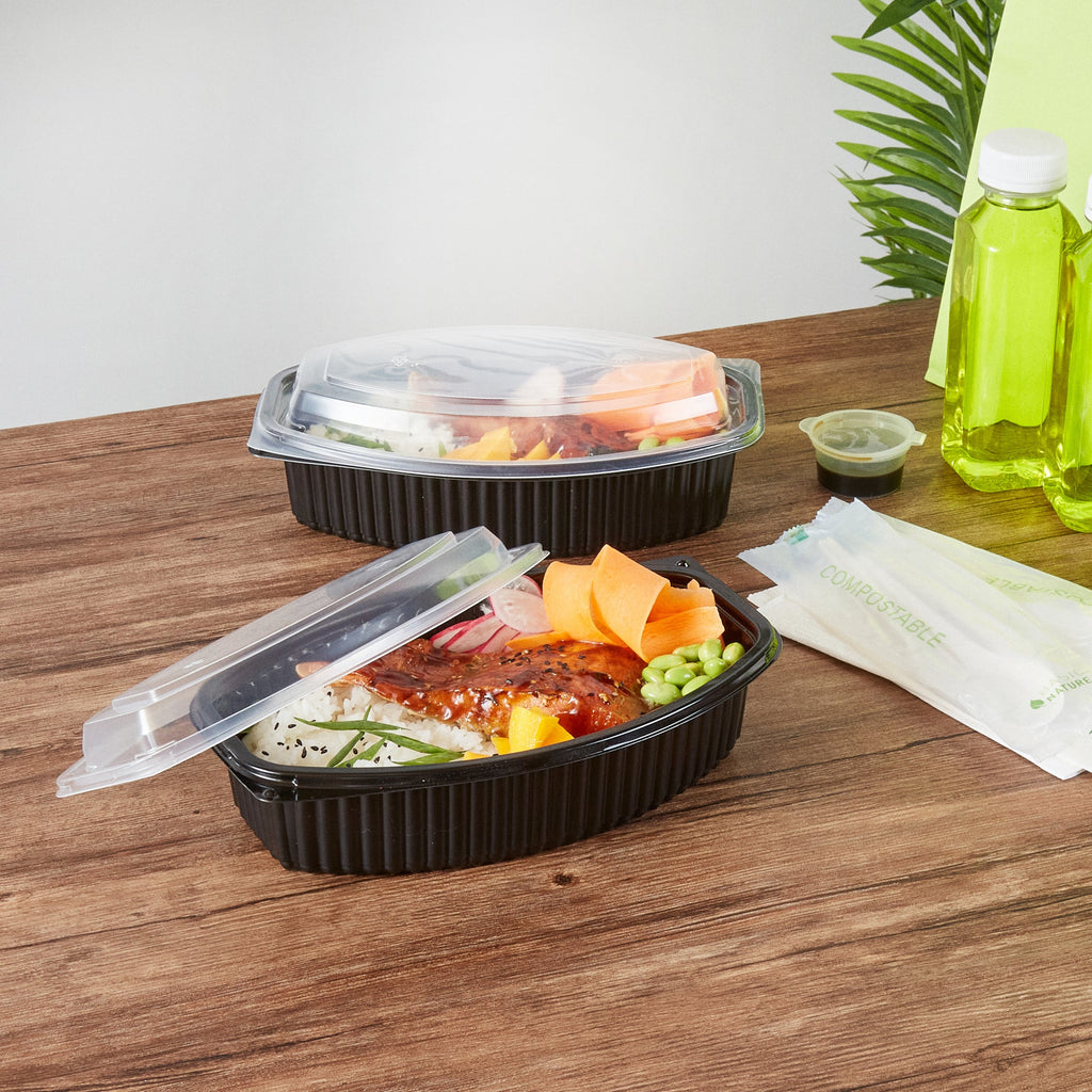 Chef 101 32 oz Oval Black Plastic Food Container - with Clear Lid, Microwavable - 9 1/4" x 5 3/4" x 3" - 100 count box