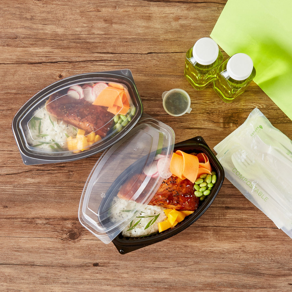 Chef 101 32 oz Oval Black Plastic Food Container - with Clear Lid, Microwavable - 9 1/4" x 5 3/4" x 3" - 100 count box