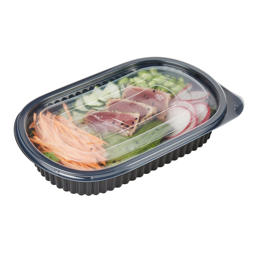 Chef 101 25 oz Oval Black Plastic Food Container - with Clear Flat Lid, Microwavable - 9 1/4" x 6" x 1 3/4" - 100 count box