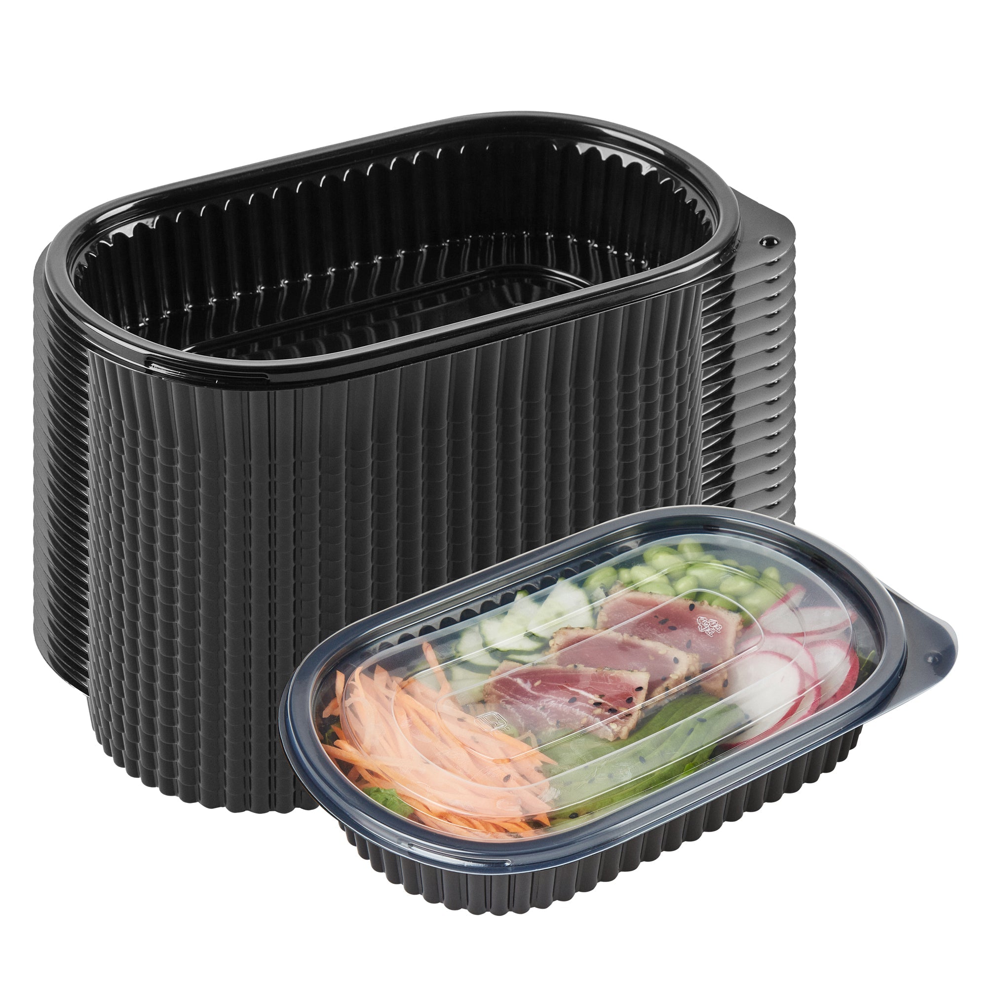 Chef 101 25 oz Oval Black Plastic Food Container - with Clear Flat Lid, Microwavable - 9 1/4" x 6" x 1 3/4" - 100 count box