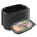 Chef 101 25 oz Oval Black Plastic Food Container - with Clear Flat Lid, Microwavable - 9 1/4" x 6" x 1 3/4" - 50 count box