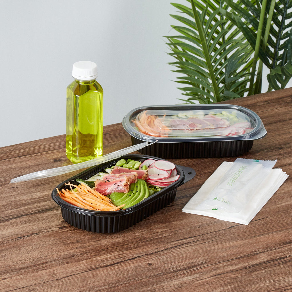 Chef 101 25 oz Oval Black Plastic Food Container - with Clear Flat Lid, Microwavable - 9 1/4" x 6" x 1 3/4" - 50 count box