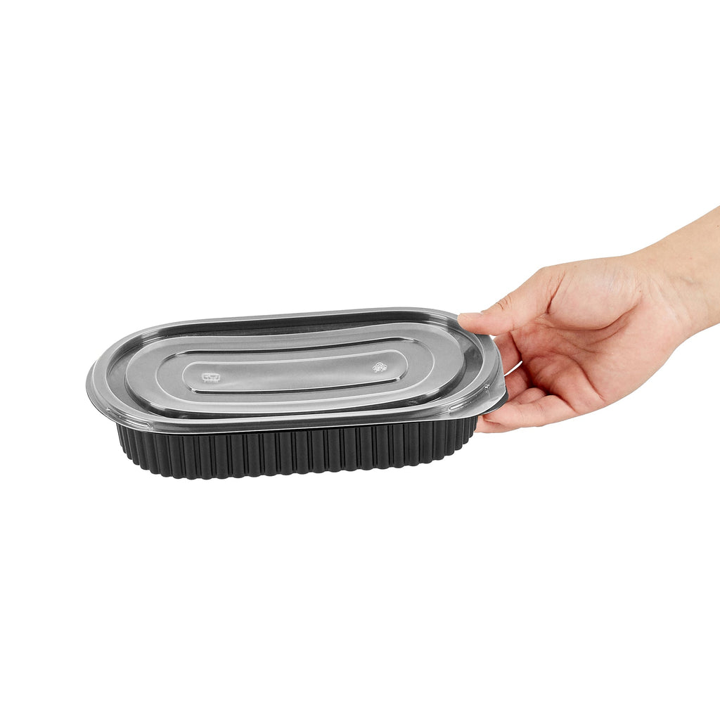 Chef 101 25 oz Oval Black Plastic Food Container - with Clear Flat Lid, Microwavable - 9 1/4" x 6" x 1 3/4" - 50 count box