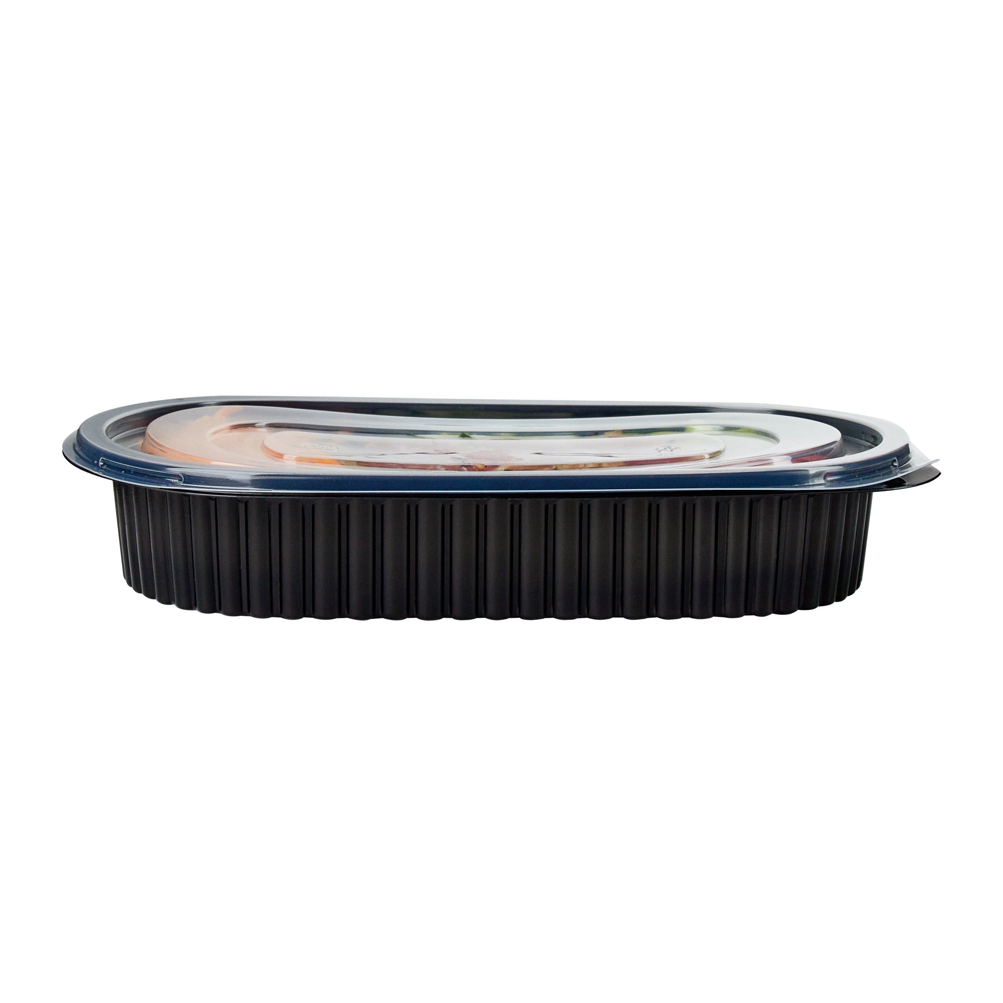 Chef 101 25 oz Oval Black Plastic Food Container - with Clear Flat Lid, Microwavable - 9 1/4" x 6" x 1 3/4" - 50 count box