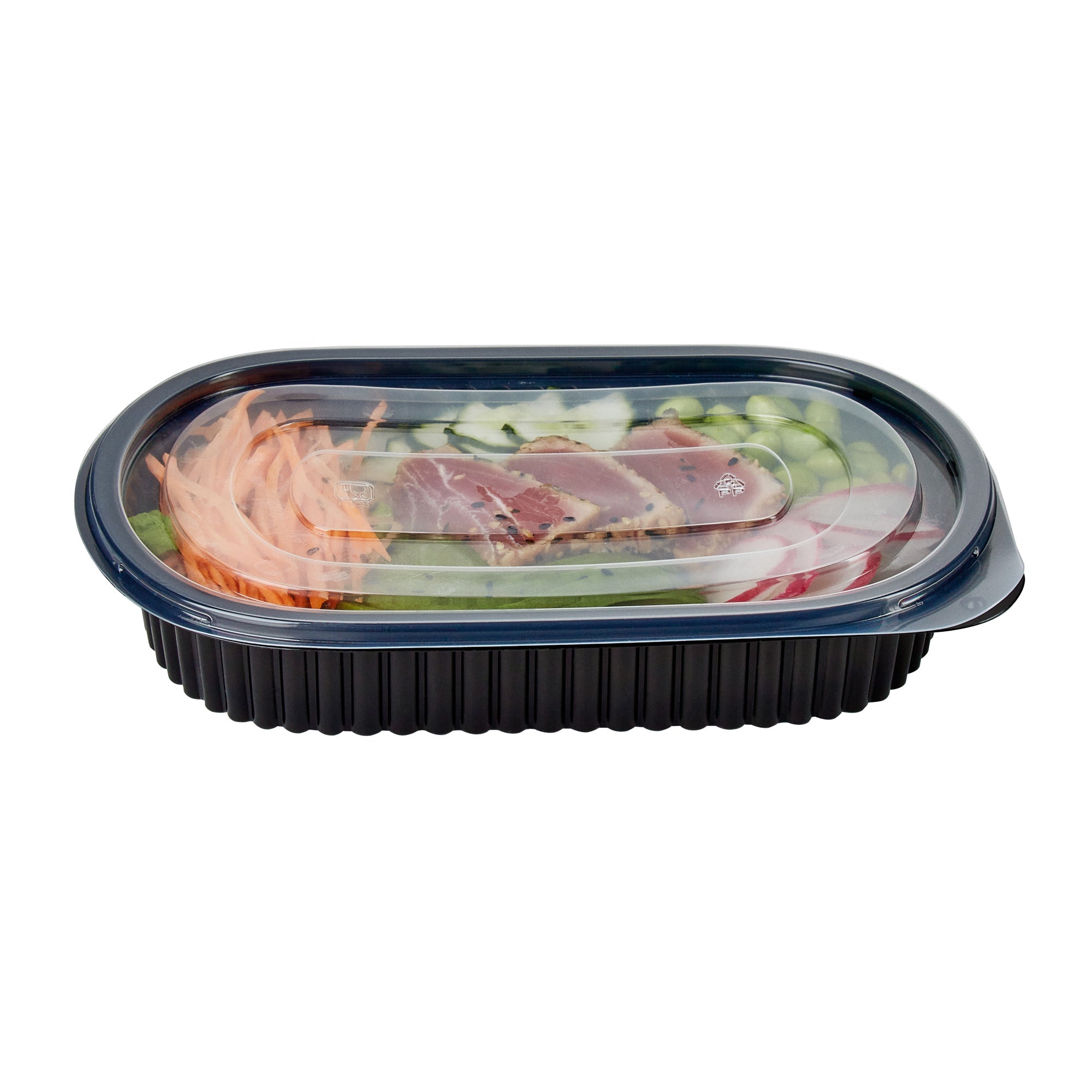 Chef 101 25 oz Oval Black Plastic Food Container - with Clear Flat Lid, Microwavable - 9 1/4" x 6" x 1 3/4" - 50 count box