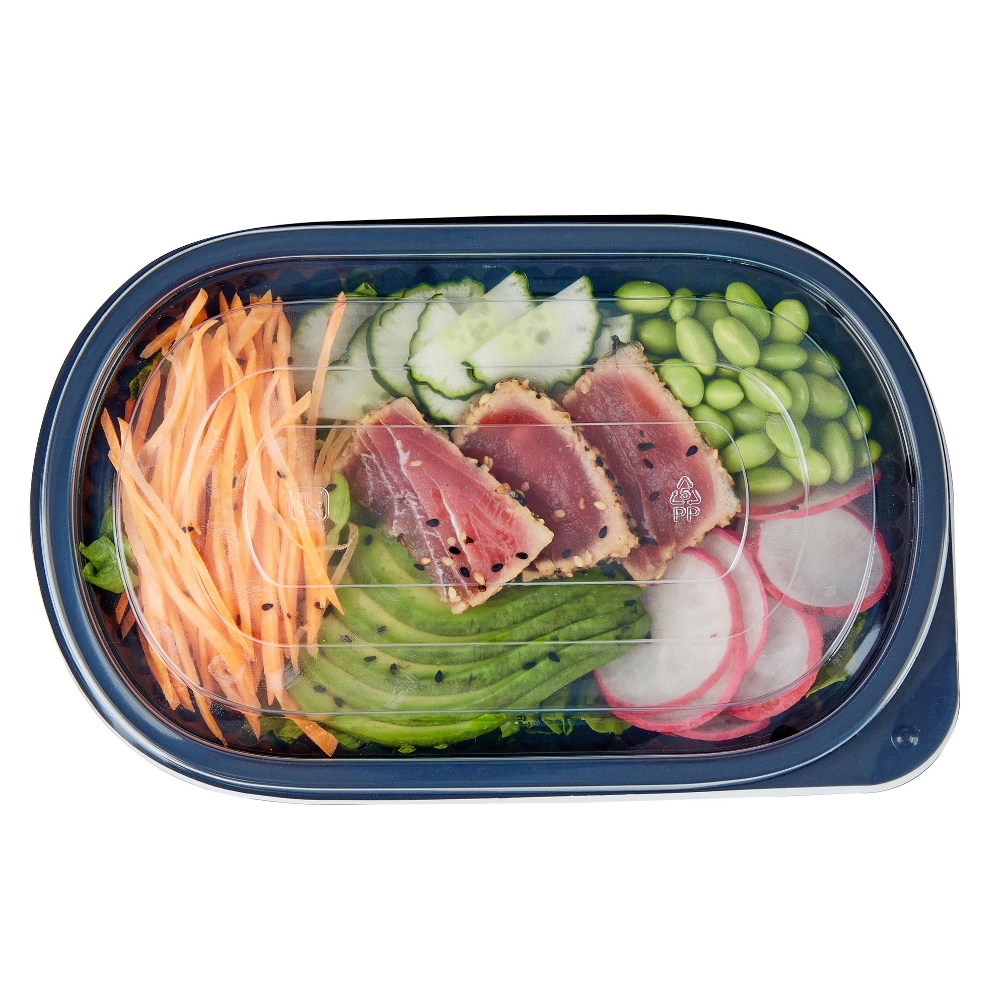 Chef 101 25 oz Oval Black Plastic Food Container - with Clear Flat Lid, Microwavable - 9 1/4" x 6" x 1 3/4" - 50 count box