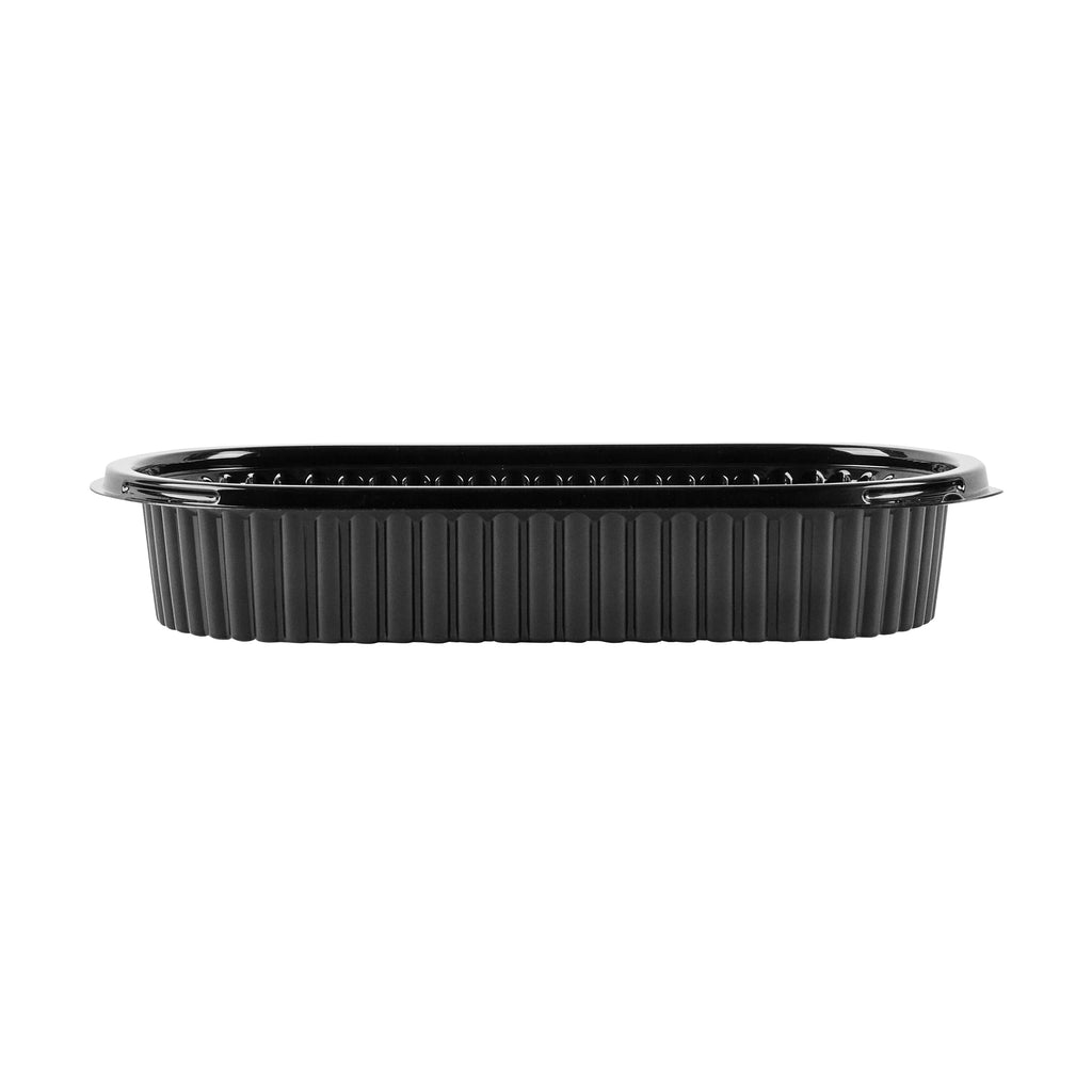Chef 101 25 oz Oval Black Plastic Food Container - with Clear Flat Lid, Microwavable - 9 1/4" x 6" x 1 3/4" - 50 count box