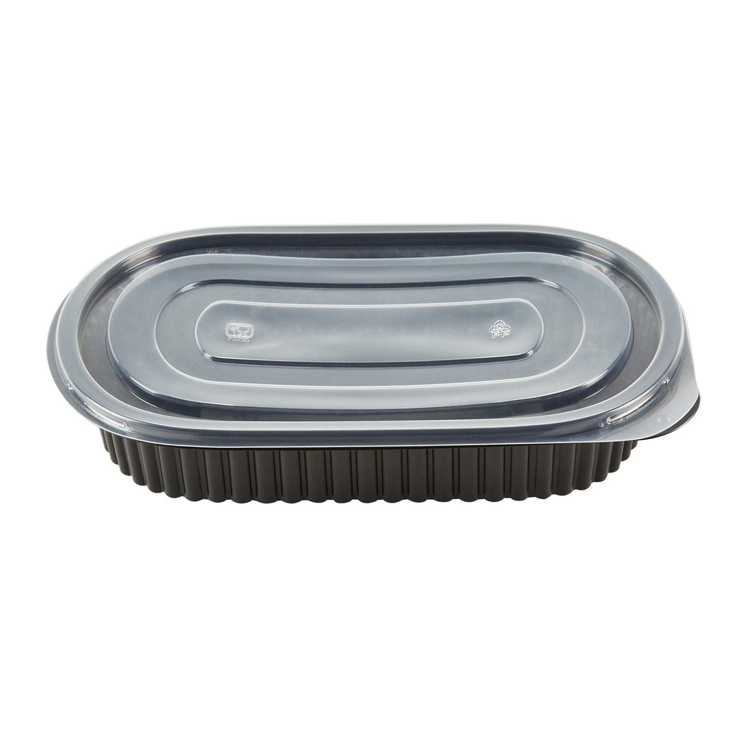 Chef 101 25 oz Oval Black Plastic Food Container - with Clear Flat Lid, Microwavable - 9 1/4" x 6" x 1 3/4" - 50 count box