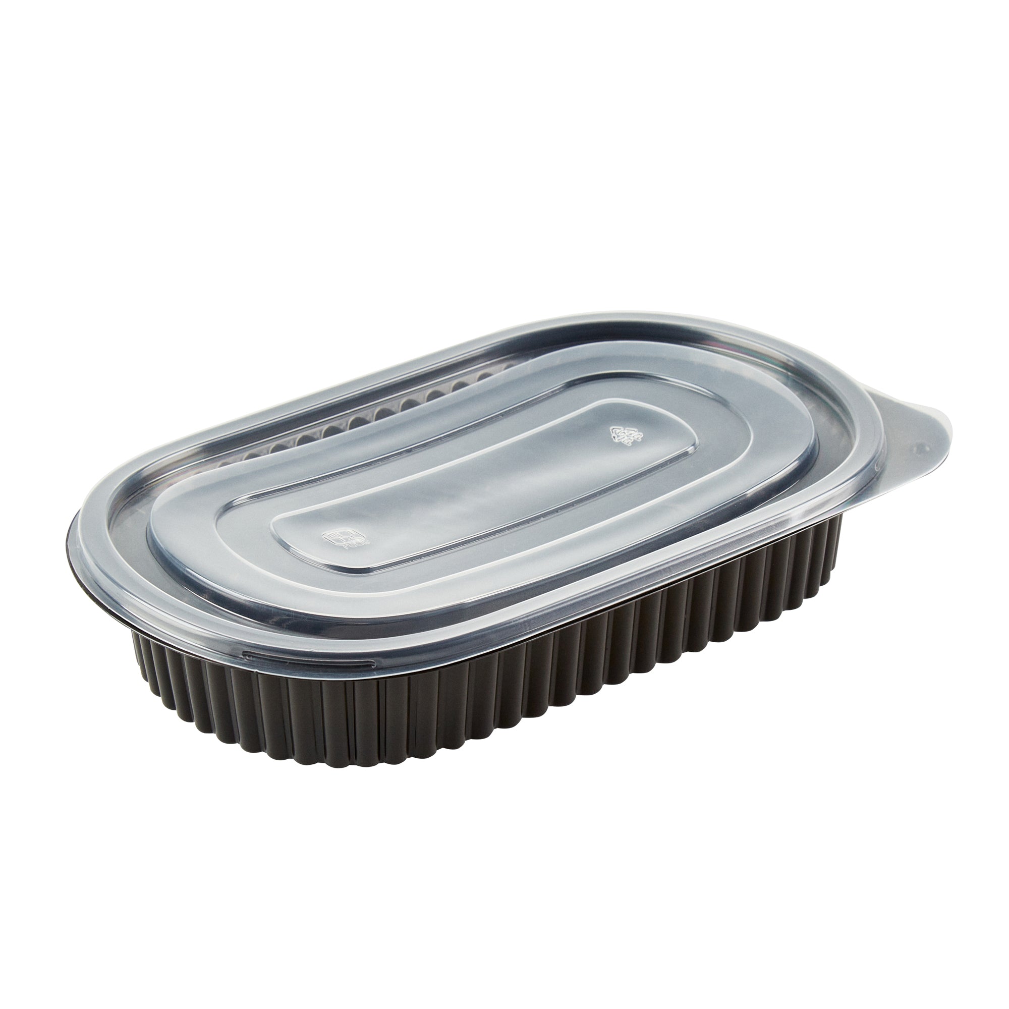 Chef 101 25 oz Oval Black Plastic Food Container - with Clear Flat Lid, Microwavable - 9 1/4" x 6" x 1 3/4" - 50 count box