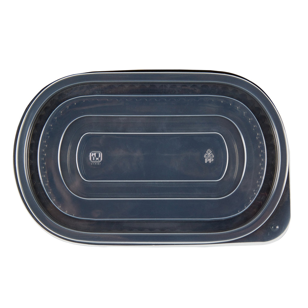 Chef 101 25 oz Oval Black Plastic Food Container - with Clear Flat Lid, Microwavable - 9 1/4" x 6" x 1 3/4" - 50 count box