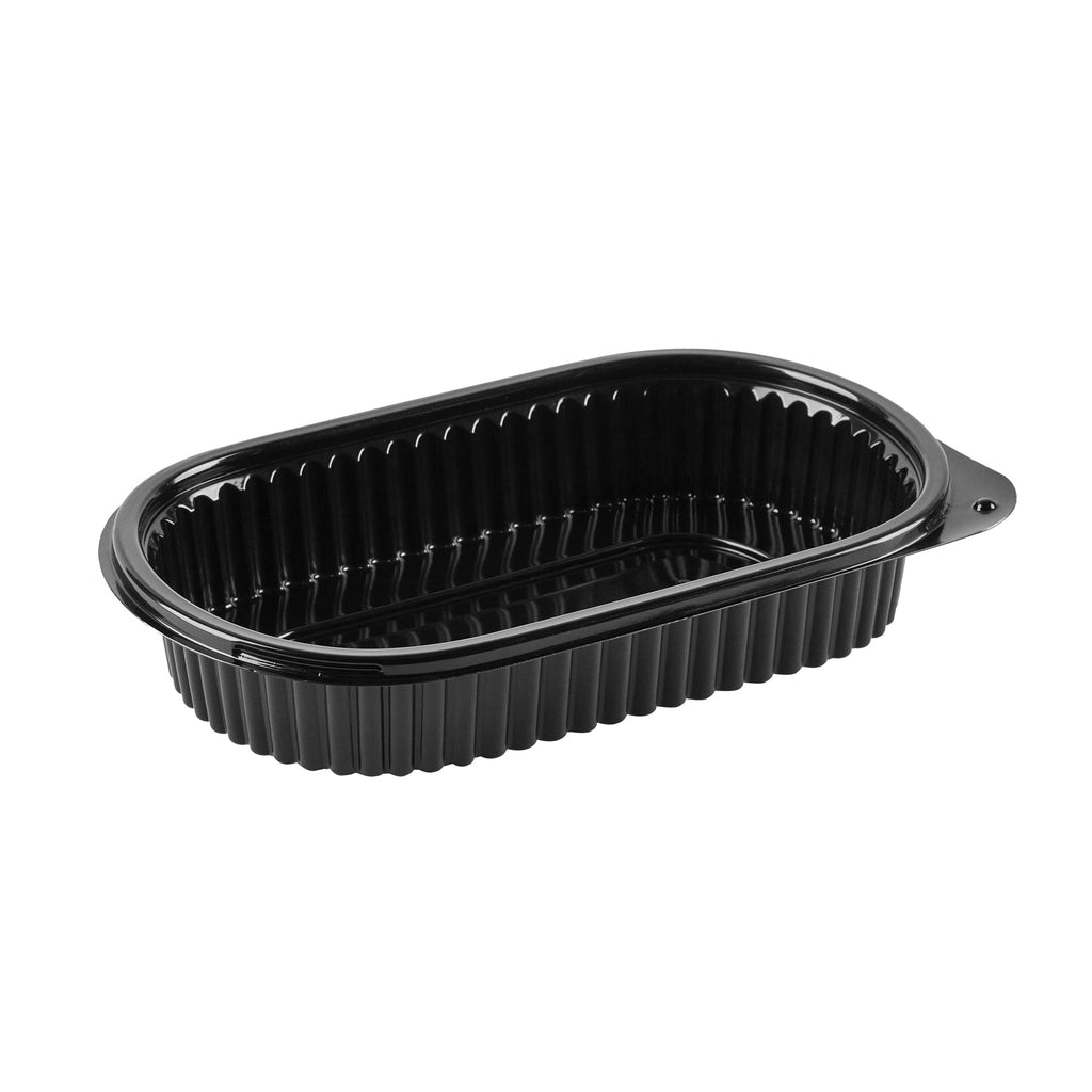 Chef 101 25 oz Oval Black Plastic Food Container - with Clear Flat Lid, Microwavable - 9 1/4" x 6" x 1 3/4" - 50 count box