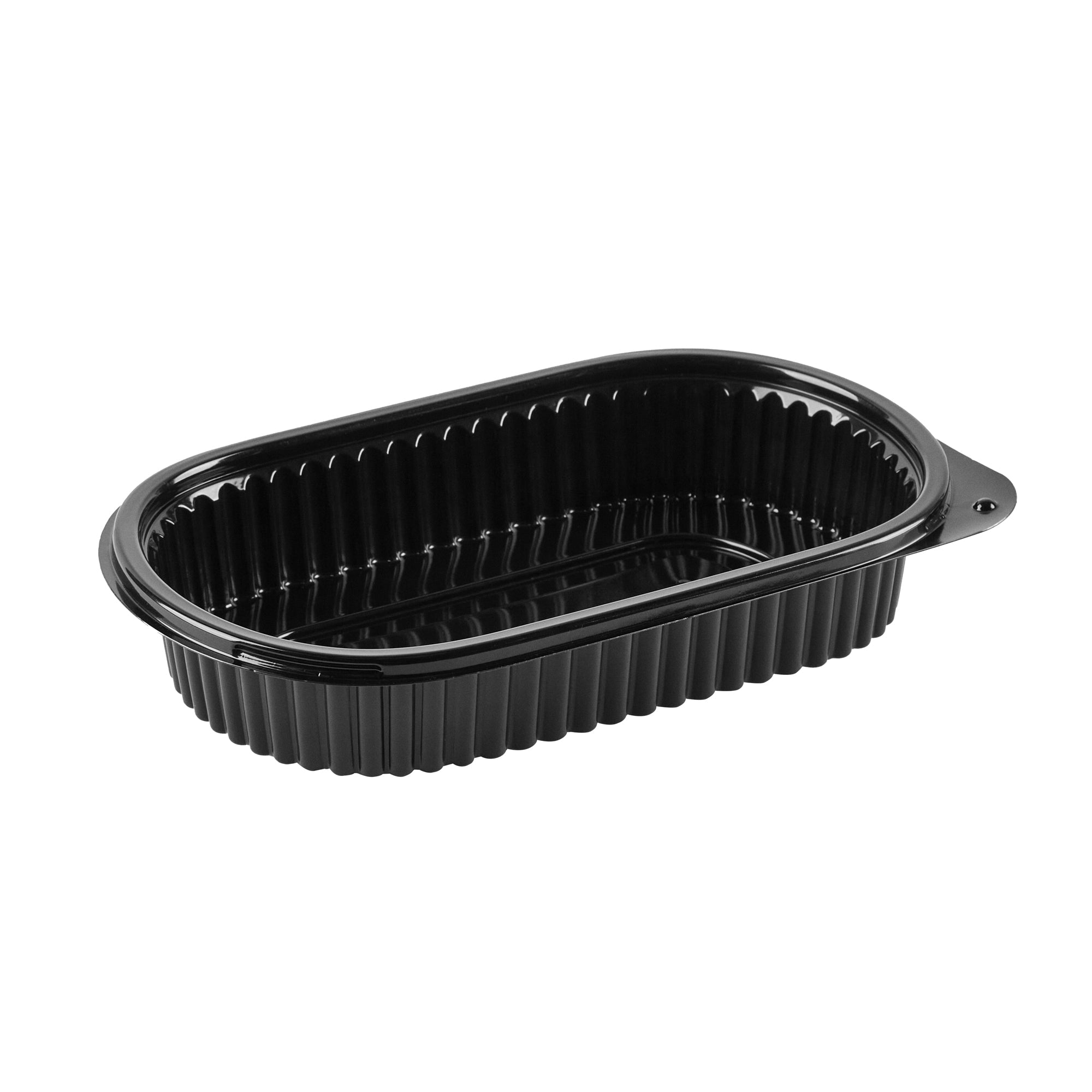 Chef 101 25 oz Oval Black Plastic Food Container - with Clear Flat Lid, Microwavable - 9 1/4" x 6" x 1 3/4" - 50 count box