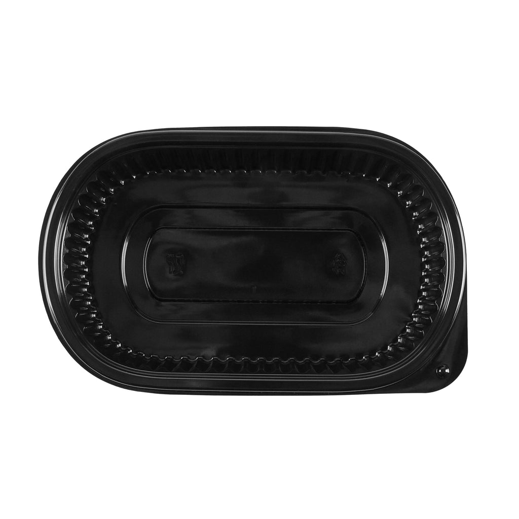 Chef 101 25 oz Oval Black Plastic Food Container - with Clear Flat Lid, Microwavable - 9 1/4" x 6" x 1 3/4" - 50 count box