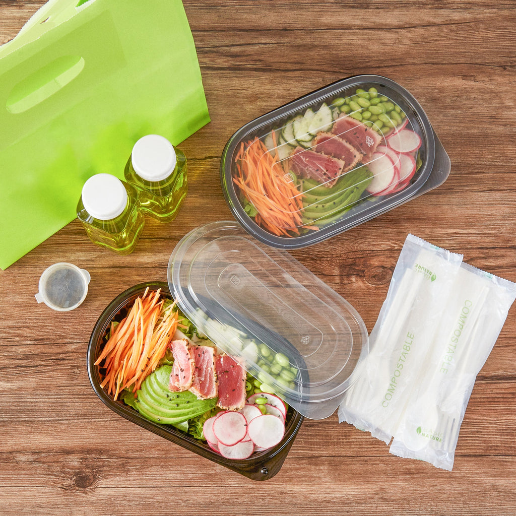 Chef 101 25 oz Oval Black Plastic Food Container - with Clear Flat Lid, Microwavable - 9 1/4" x 6" x 1 3/4" - 50 count box