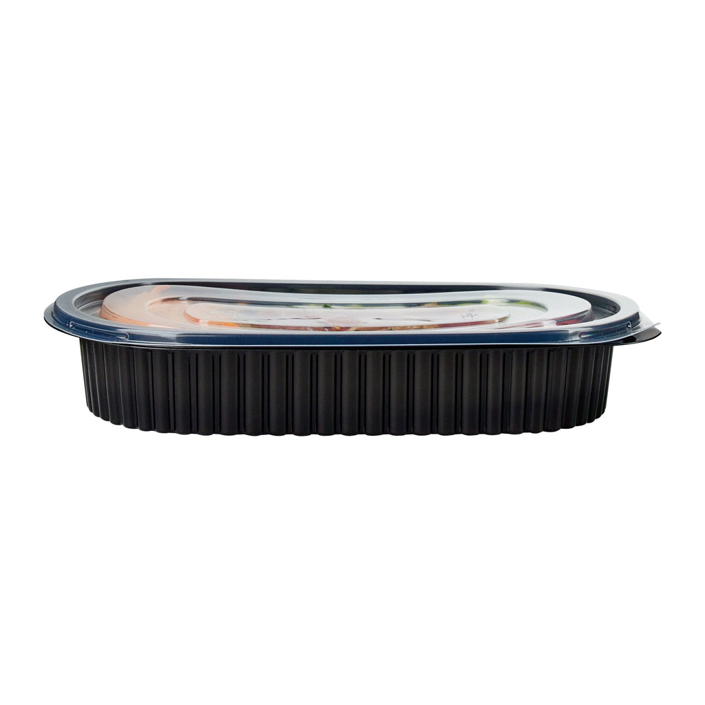 Chef 101 25 oz Oval Black Plastic Food Container - with Clear Flat Lid, Microwavable - 9 1/4" x 6" x 1 3/4" - 100 count box