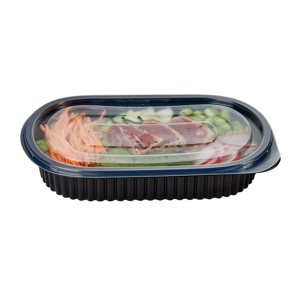 Chef 101 25 oz Oval Black Plastic Food Container - with Clear Flat Lid, Microwavable - 9 1/4" x 6" x 1 3/4" - 100 count box