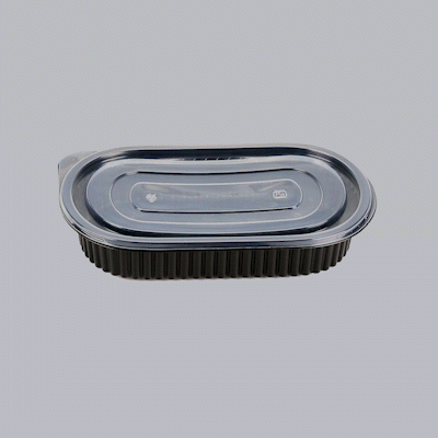 Chef 101 25 oz Oval Black Plastic Food Container - with Clear Flat Lid, Microwavable - 9 1/4" x 6" x 1 3/4" - 100 count box