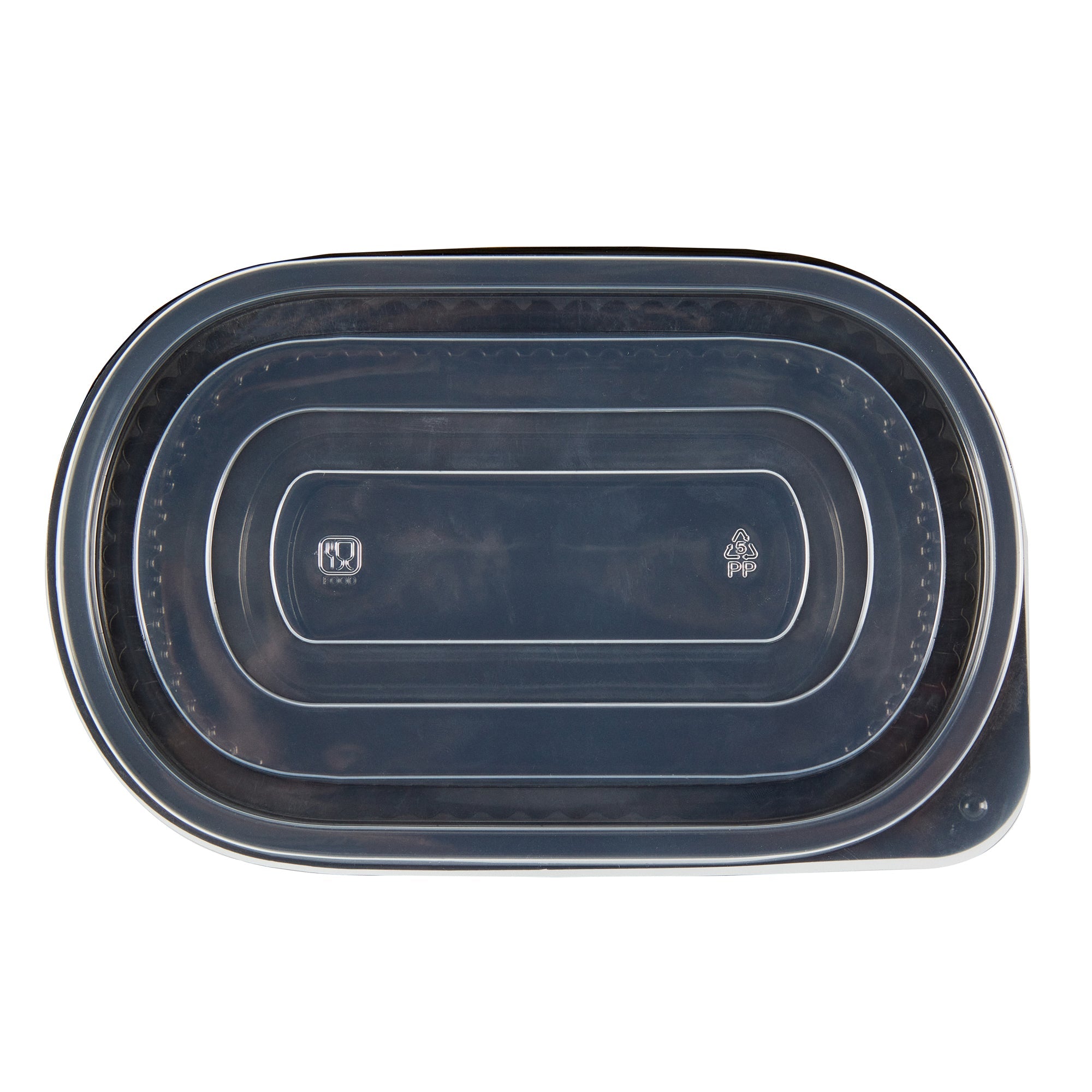 Chef 101 25 oz Oval Black Plastic Food Container - with Clear Flat Lid, Microwavable - 9 1/4" x 6" x 1 3/4" - 100 count box